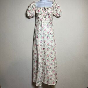 Floral Puff Sleeve Maxi Dress Milkmaid‎ neckline Tie Front Romantic Cottagecore